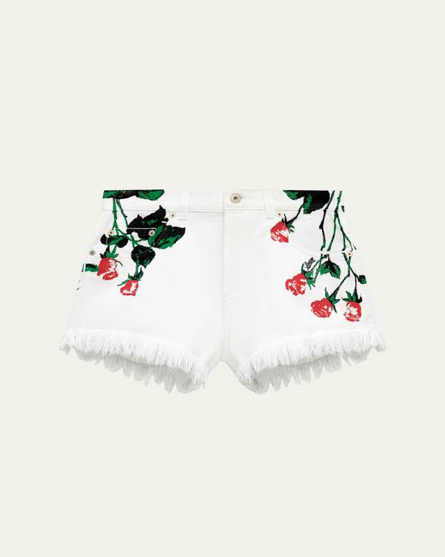 Flower-Print Fringed Peekaboo Denim Shorts